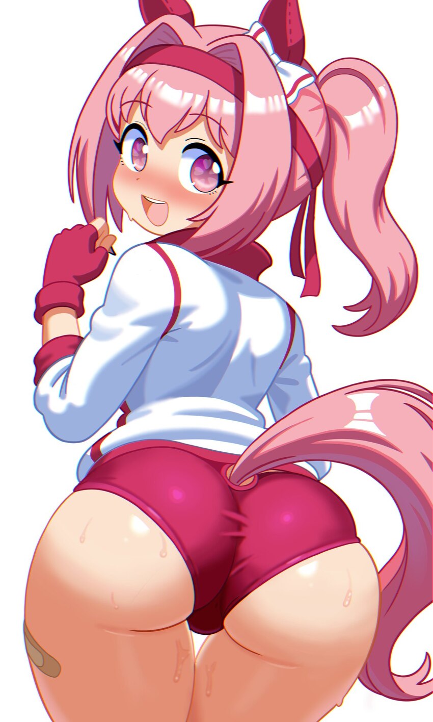 1girl animal ears ass ass focus bandaid bandaid on leg bow buruma commentary ear bow ear covers fingerless gloves flower-shaped pupils flower in eye …
