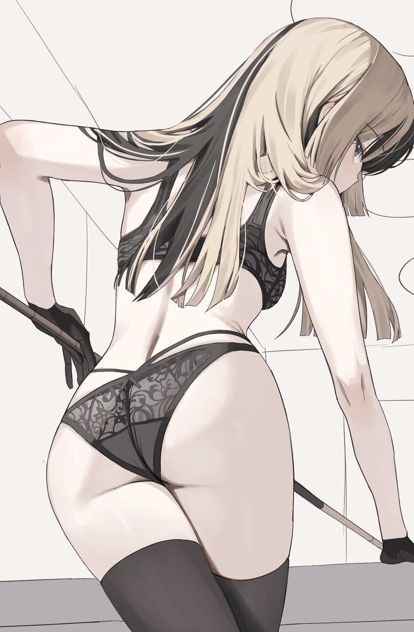 1girl absurdres alt text ass black bra black gloves black hair black thighhighs blonde hair blue eyes bra breasts commentary english commentary from …