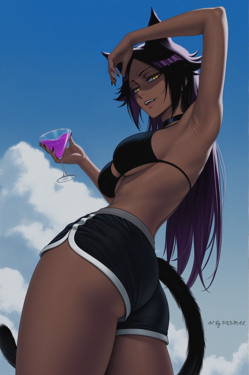 1girl ai-assisted alternate costume animal ears arm up armpits artist name ass bare arms bikini bikini top only black bikini black bow black choker b…