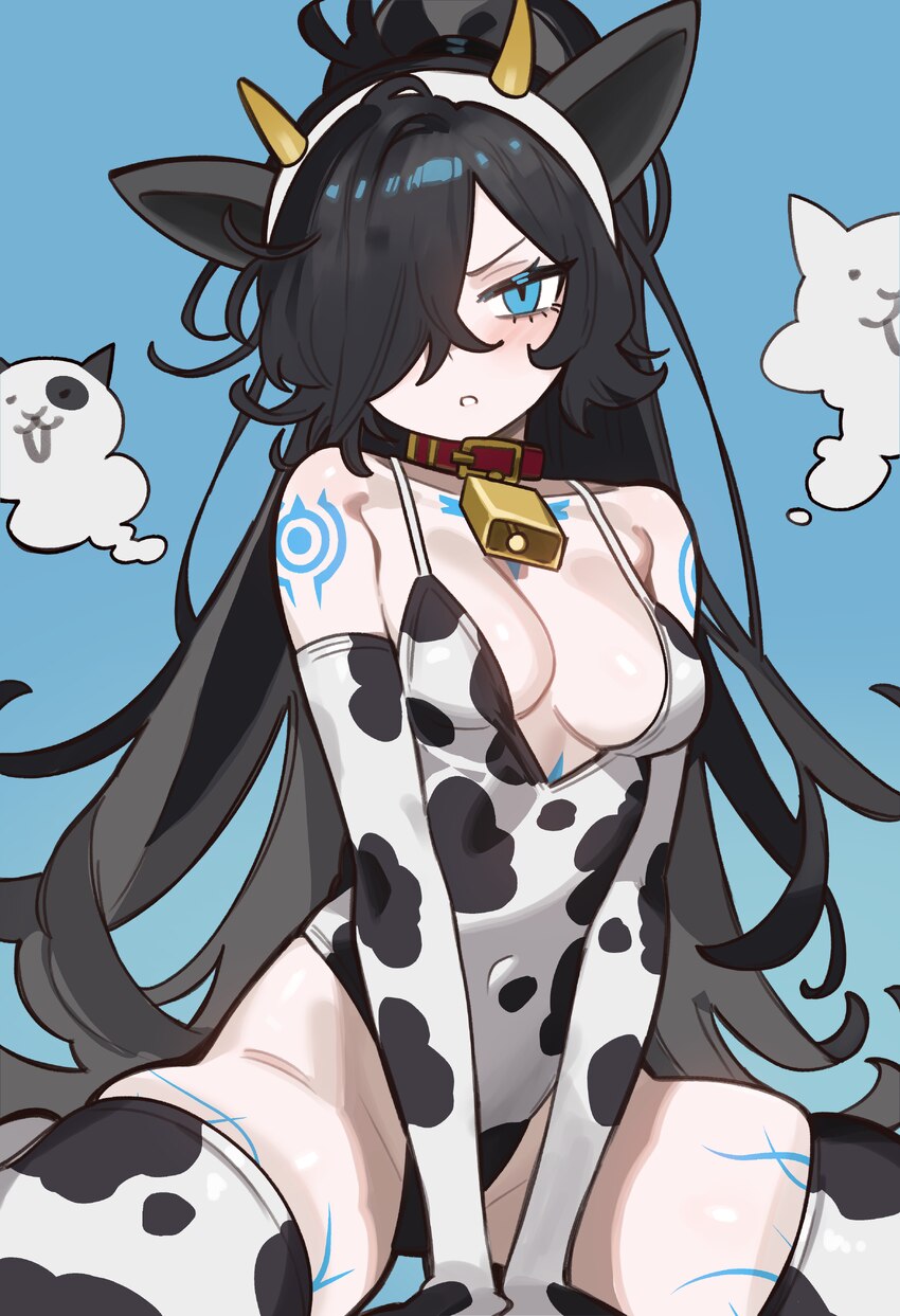 1girl absurdres animal ears animal print bare shoulders bell black hair blue eyes blush body markings breasts cat (nyanko daisensou) cat ears cat gir…
