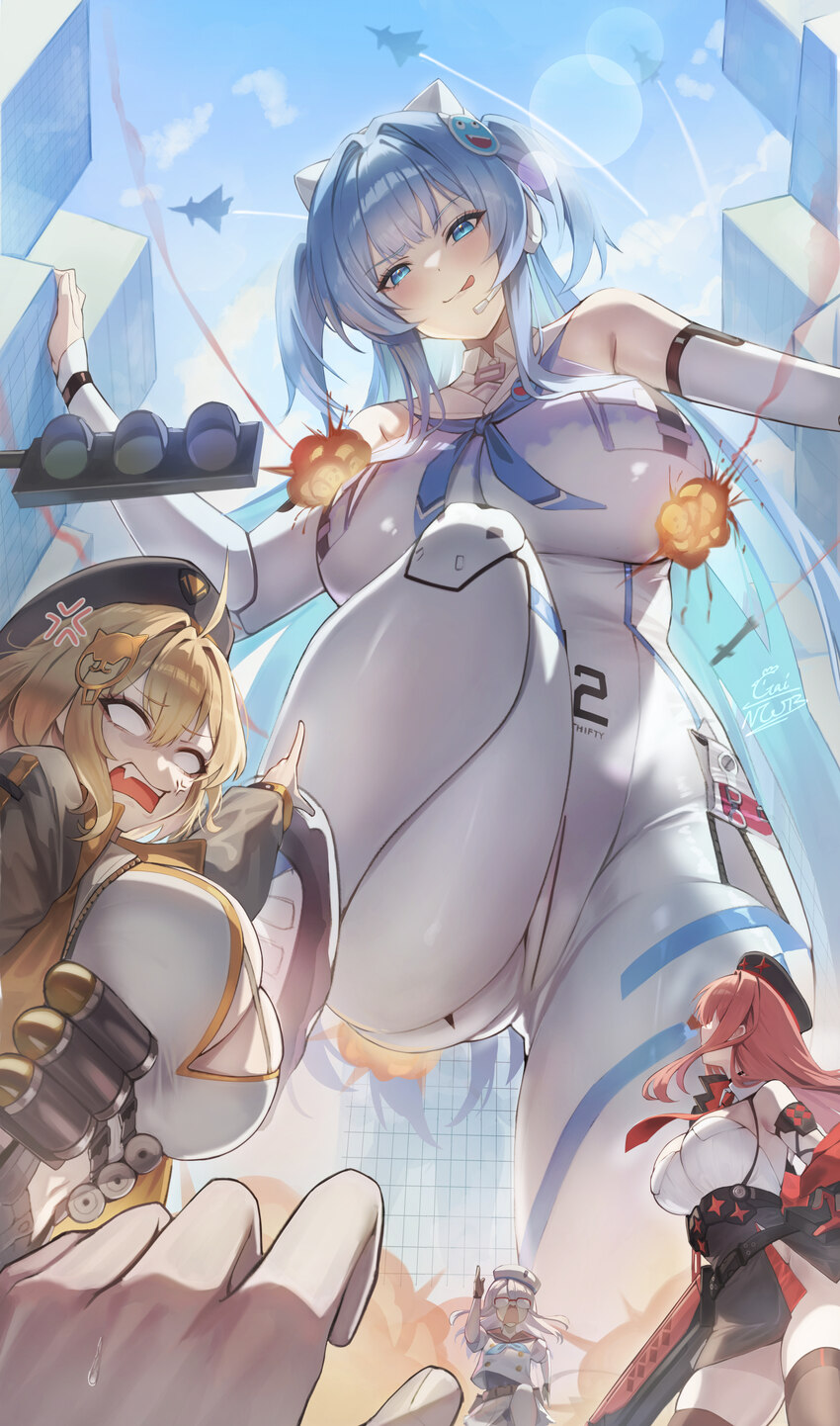 4girls absurdres aircraft airplane animal ear headphones animal ears anis (nikke) blonde hair blue eyes blue hair blue sky bodypaint bodysuit breasts…