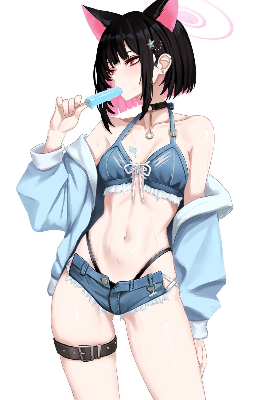 1girl animal ears bikini black choker black hair blue archive breasts cat ears cat girl choker colored inner animal ears colored inner hair commentar…