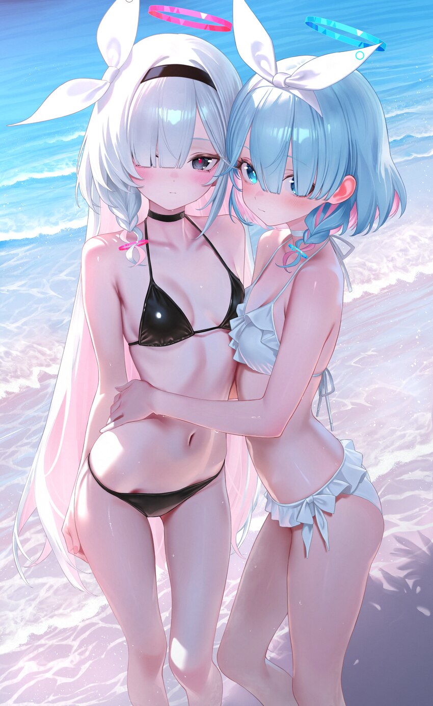 2girls absurdres alternate costume arona (blue archive) asymmetrical docking beach bikini black bikini black choker black eyes black hairband blue ar…