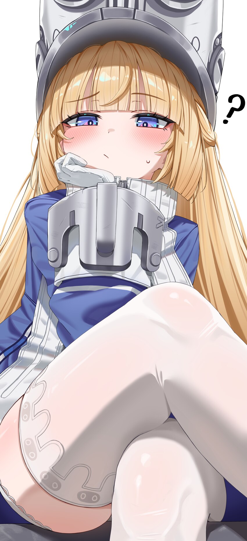 1girl ? absurdres blonde hair blue jacket blush closed mouth commentary crossed legs gloves grey hat grey helmet hand on own chin hat helmet highres …