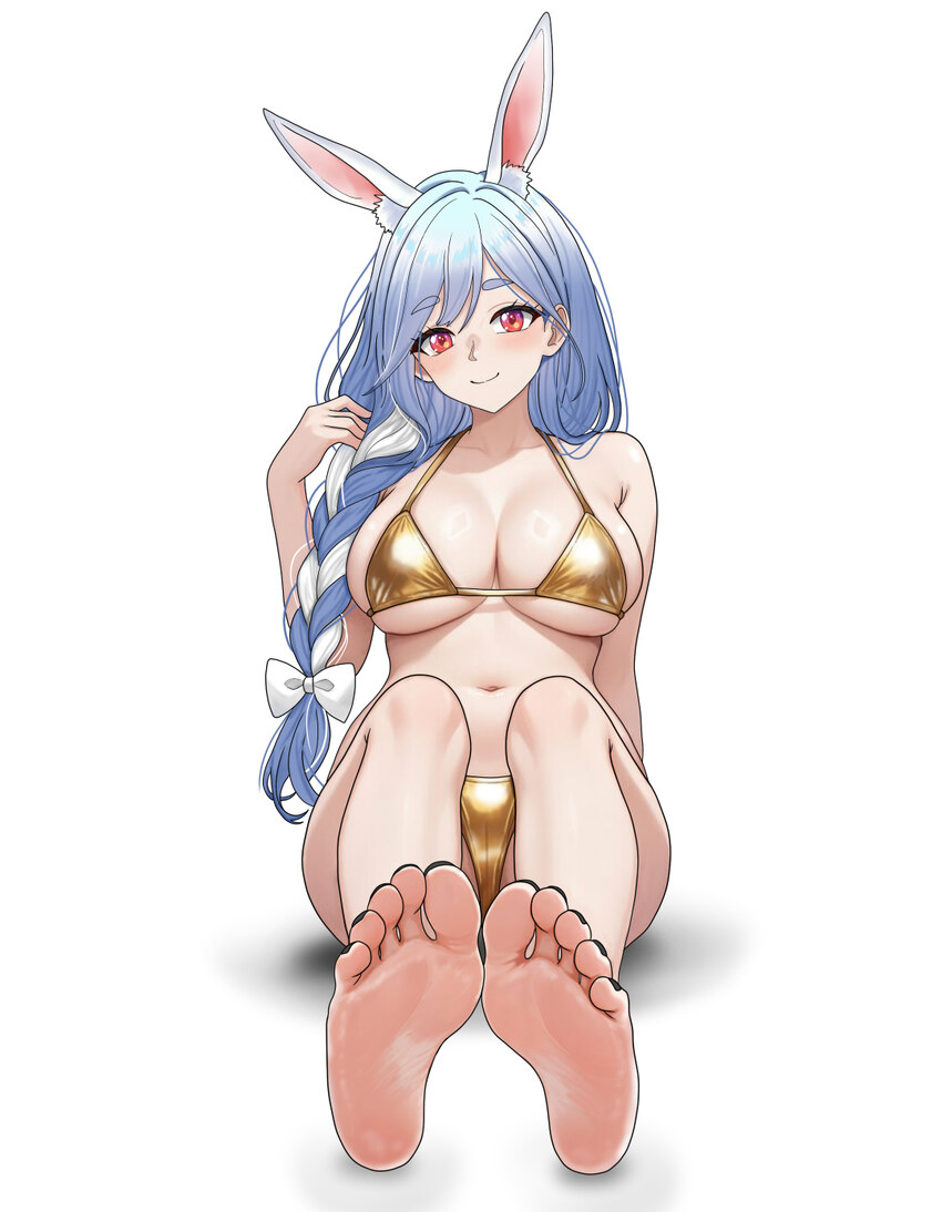1girl absurdres animal ear fluff animal ears armpit crease bare arms bare legs bare shoulders barefoot bikini black nails blue hair braid braided pon…