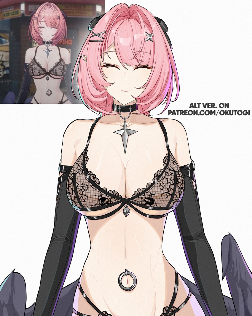 1girl absurdres black bow black bra black gloves black panties black wings bow bra breasts cleavage commentary elbow gloves english commentary game s…