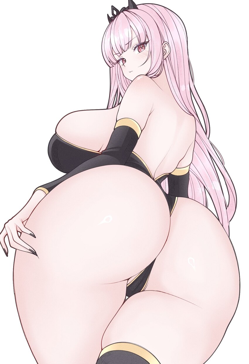 1girl ass ass focus back bare back bare shoulders black leotard black nails black sleeves black thighhighs black tiara blunt bangs blush breasts comm…