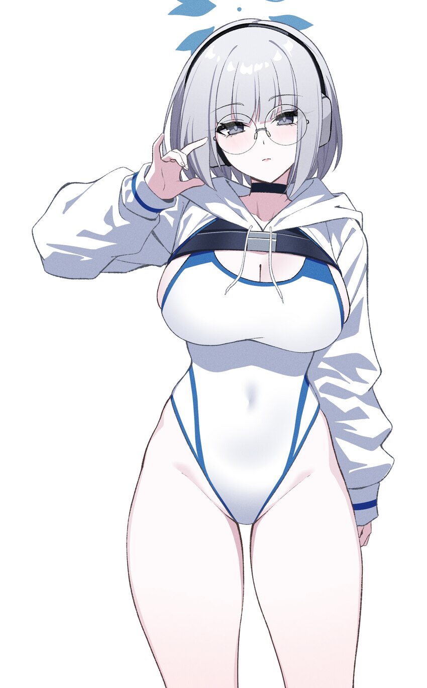 1girl absurdres black eyes blue archive breasts cleavage closed mouth commentary covered navel feet out of frame glasses grey hair halo hand up headp…