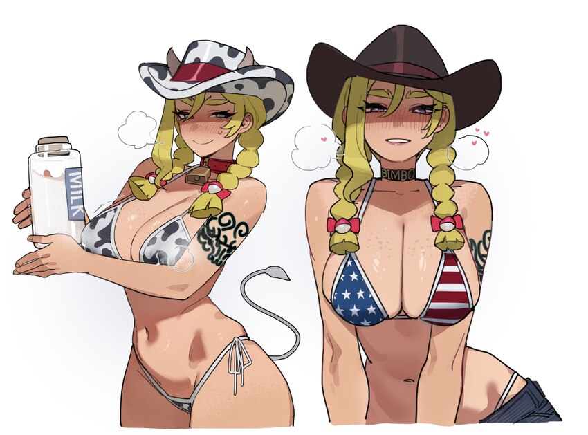 1girl absurdres alternate costume american flag american flag bikini american flag print animal print bikini black pants blonde hair blue eyes blush …