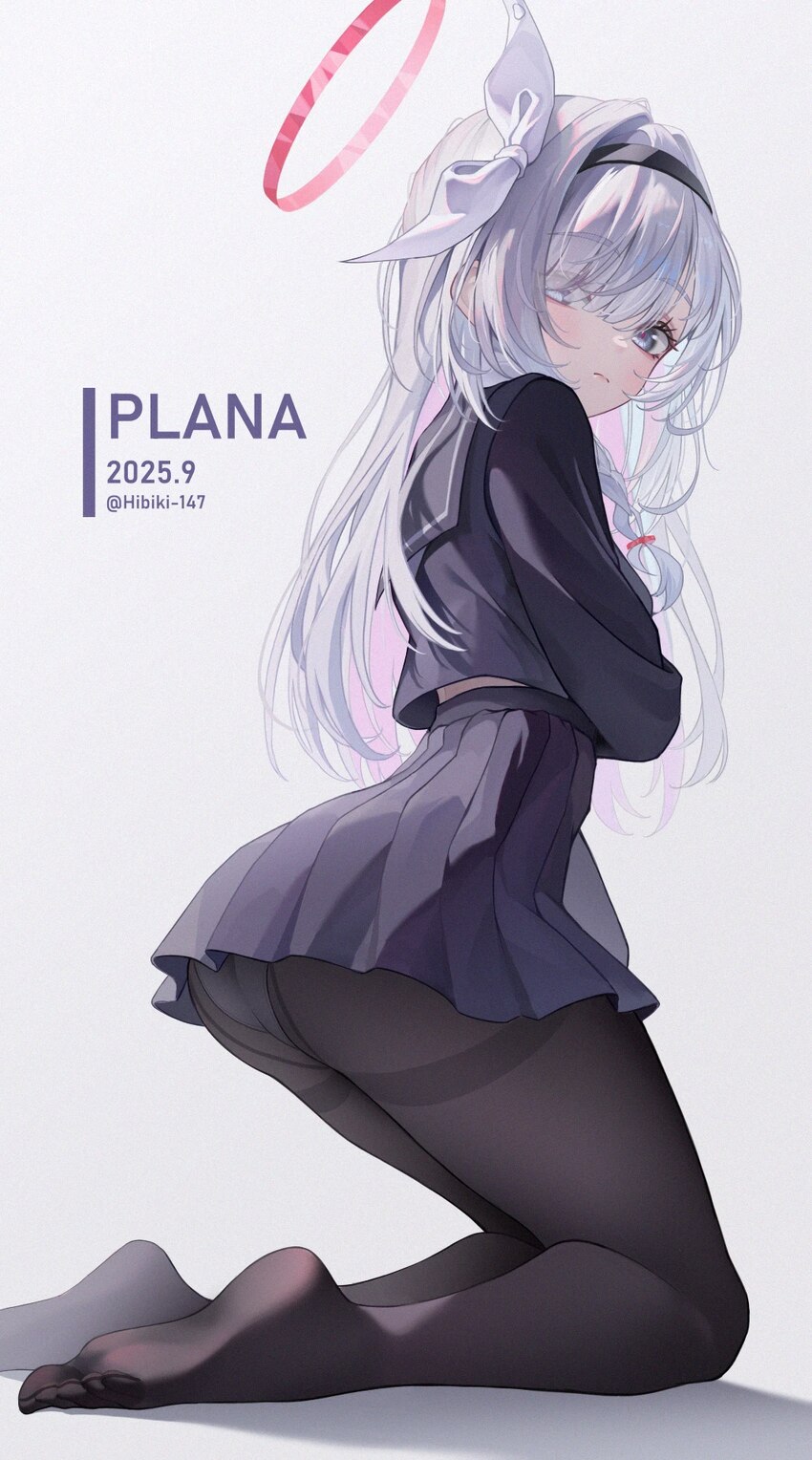 1girl artist name ass black pantyhose black serafuku black skirt blue archive bow braid character name chinese commentary closed mouth colored inner …