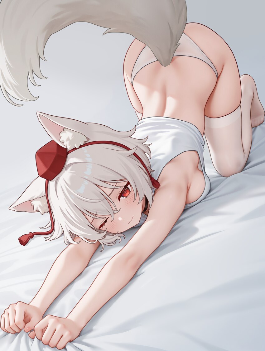 1girl absurdres animal ear fluff animal ears ass blush breasts cat stretch closed mouth commentary request crop top crossed bangs fanteam feral insti…