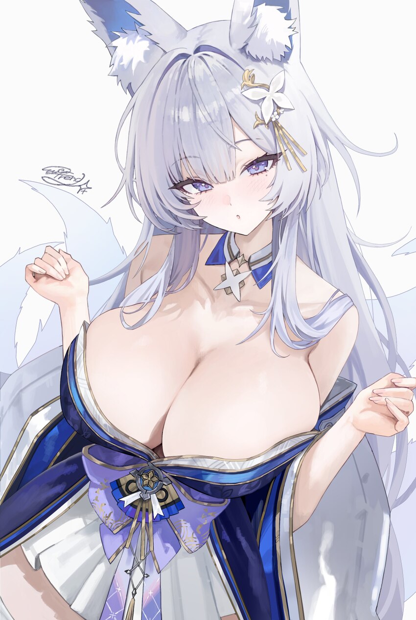 1girl  o absurdres animal ear fluff animal ears azur lane bare shoulders blue eyes breasts cleavage curvy detached collar detached sleeves fox ears f…