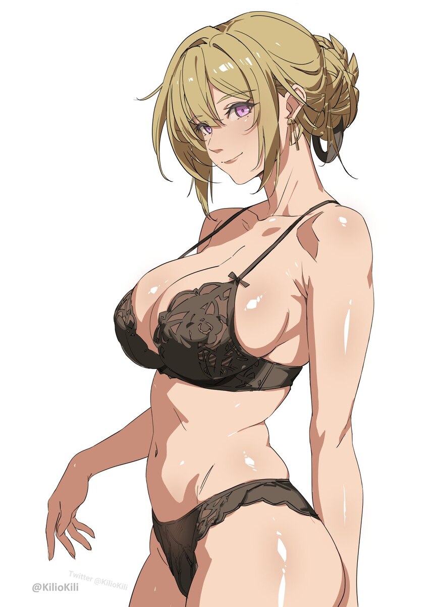 1girl bare shoulders black bra black panties blonde hair bra breasts cleavage collarbone commentary request cowboy shot evelyn chevalier hair up high…