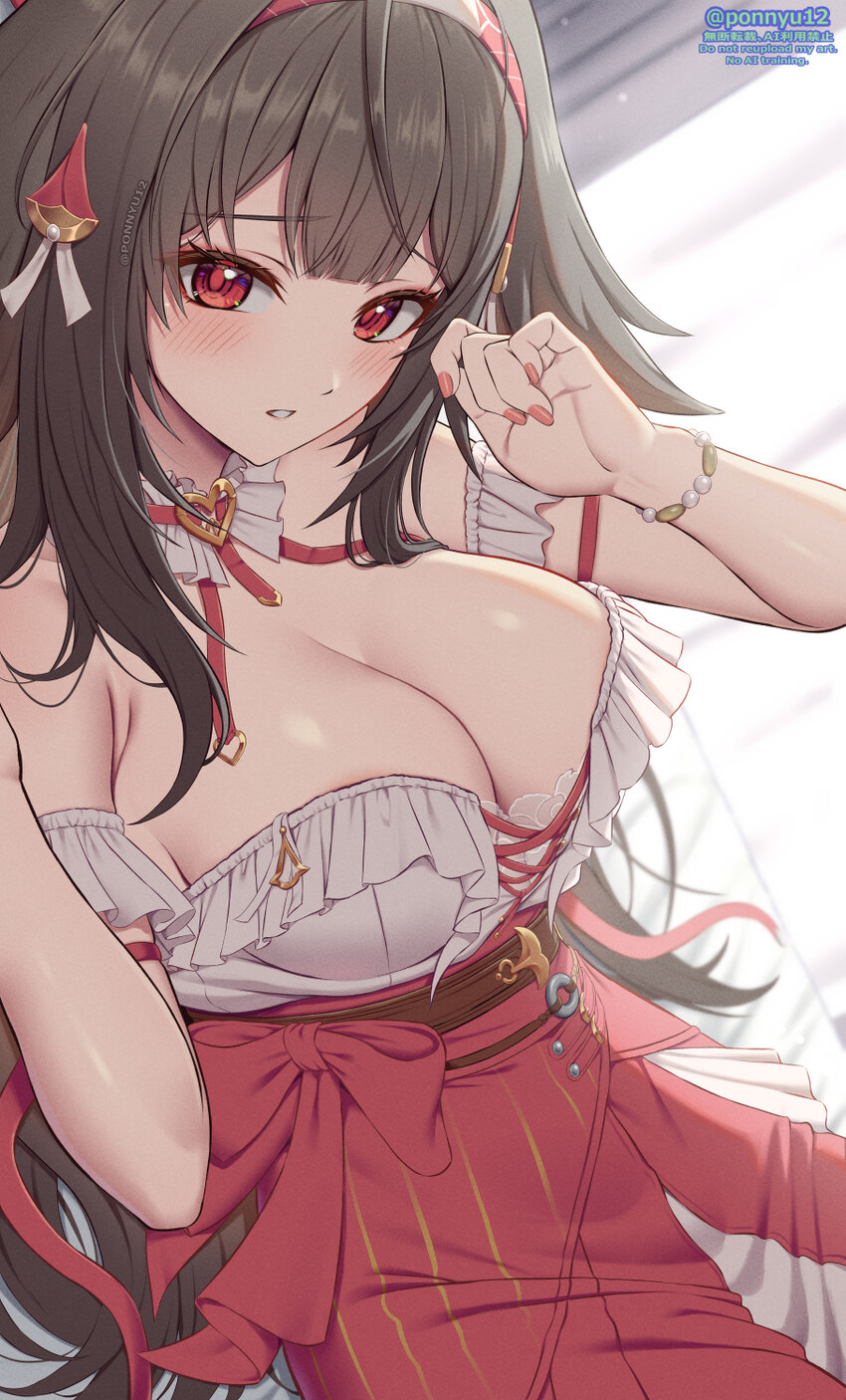 1girl bare shoulders blush breasts brown hair cleavage commentary request frilled shirt frilled shirt collar frills hairband hands up high-waist skir…