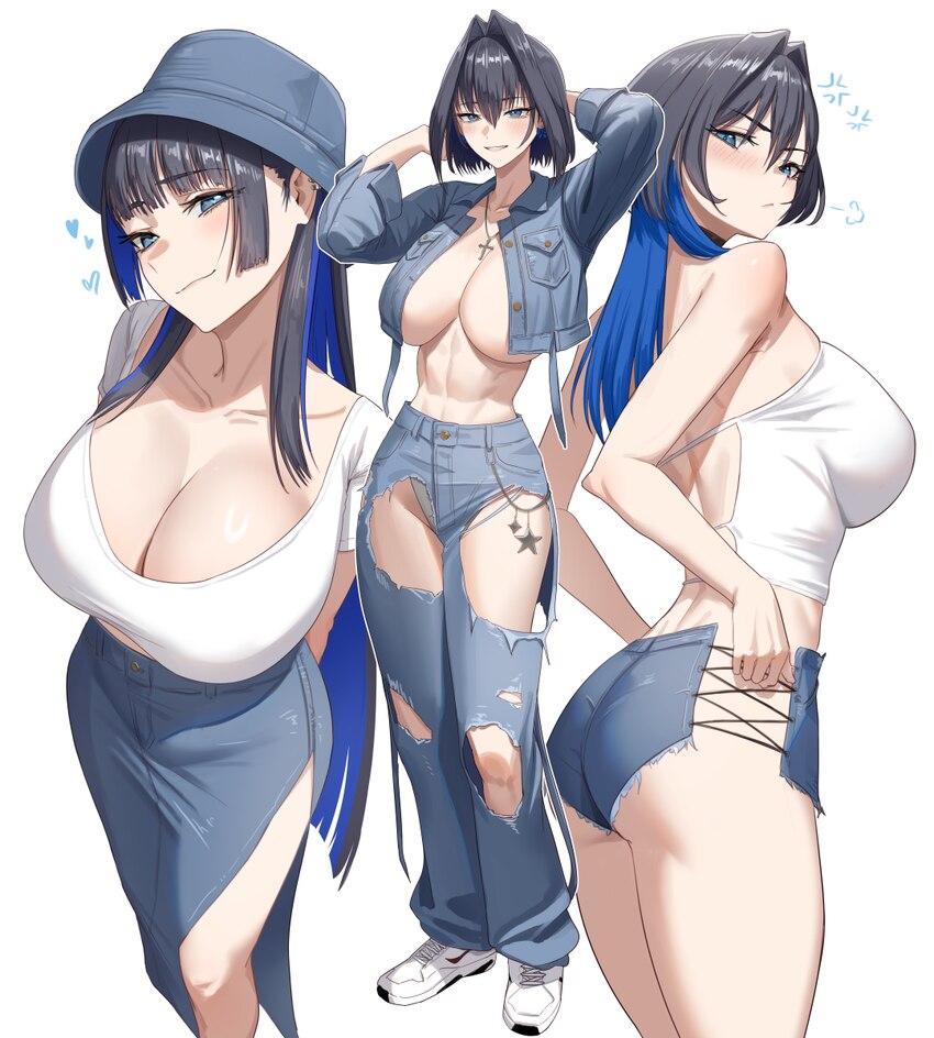 1girl alternate costume arms behind head ass black hair blue eyes blush breasts cleavage collarbone commentary request cropped jacket curvy denim hai…