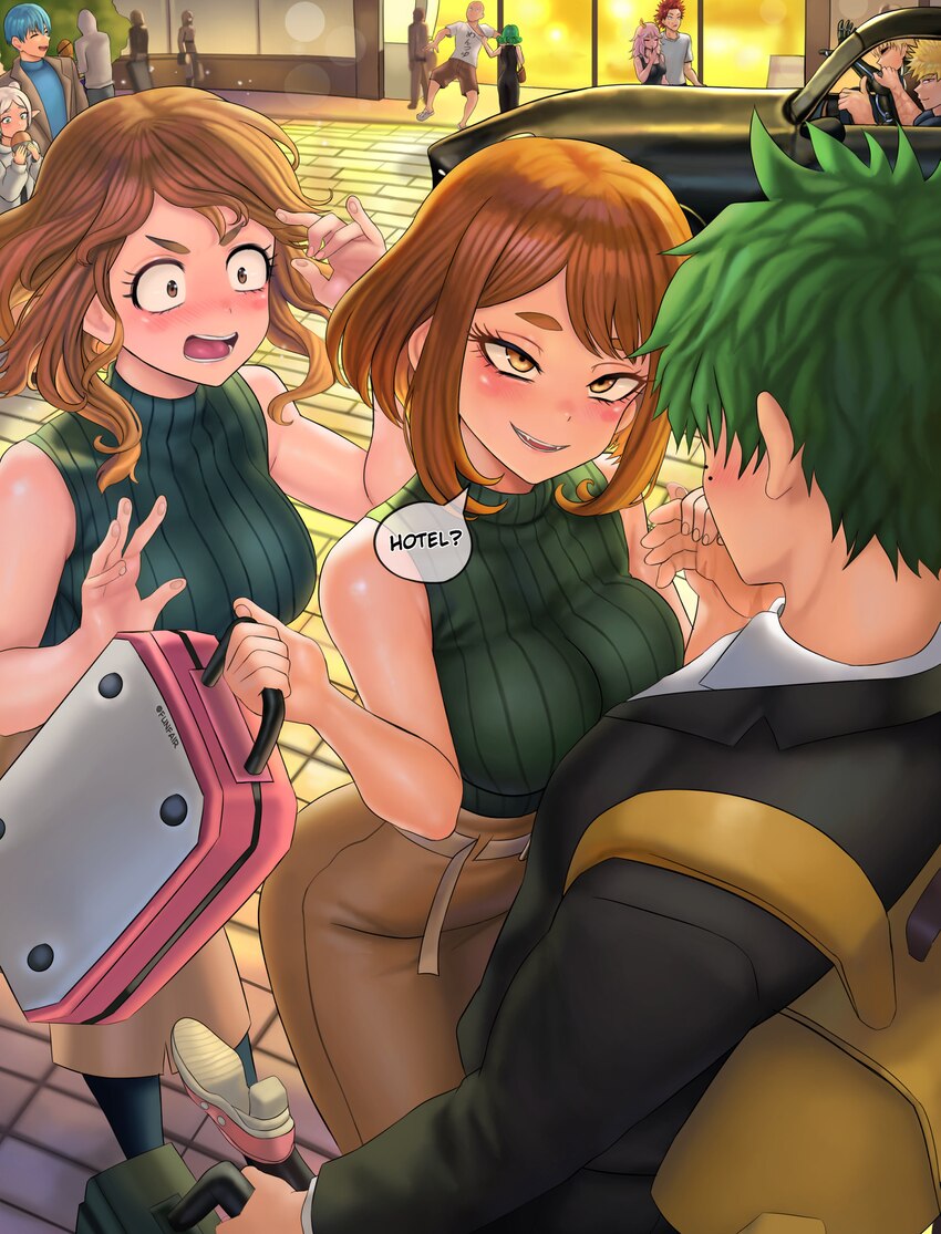 6+girls absurdres ashido mina bakugou katsuki bare shoulders black pantyhose black sweater blush boku no hero academia breasts brown eyes brown hair …