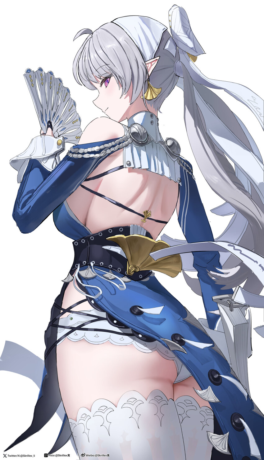 1girl blue dress breasts commentary dress earrings folded fan folding fan from side hand fan highres holding holding fan jewelry large breasts long h…