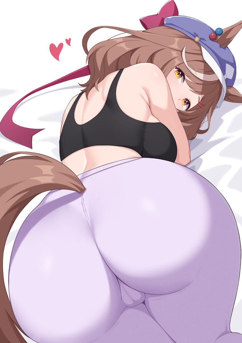 1girl absurdres animal ears ass ass focus bed sheet black sports bra breasts brown hair commentary ears through headwear from behind hat highres hors…