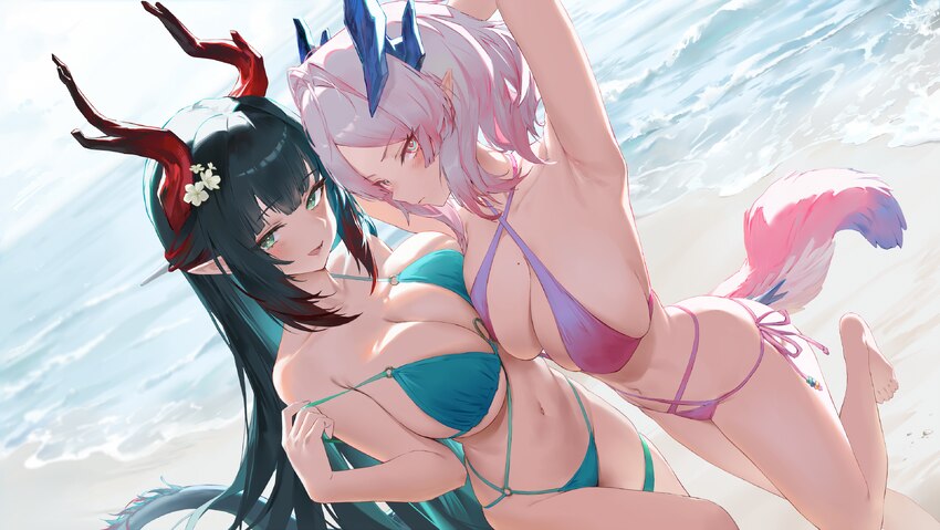2girls alternate costume arknights arknights  endfield arm up armpits asymmetrical docking beach bikini blush breast press breasts cleavage closed mo…