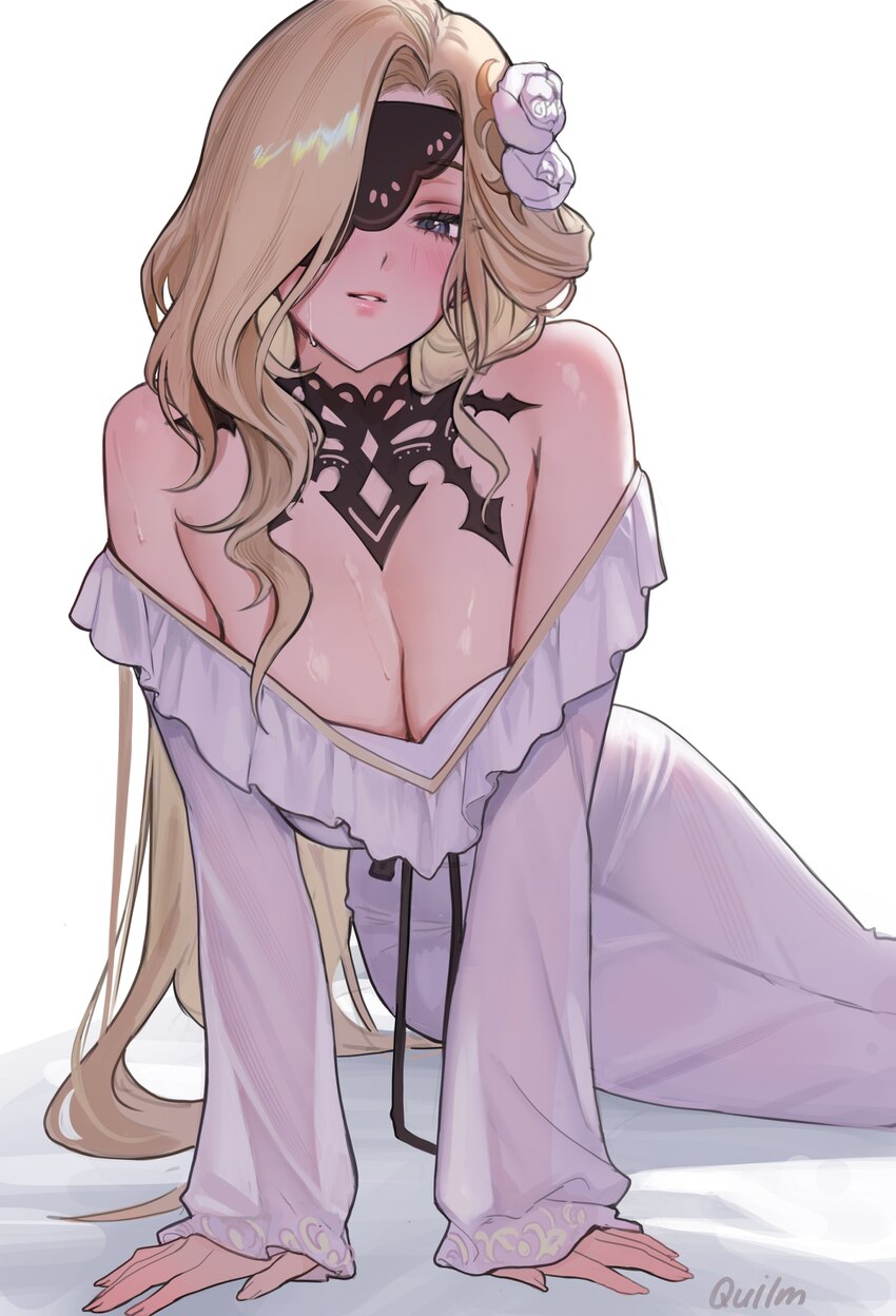 1girl absurdres arm support bare shoulders black eyes blonde hair breasts cleavage commentary eyepatch flower genshin impact hair flower hair ornamen…