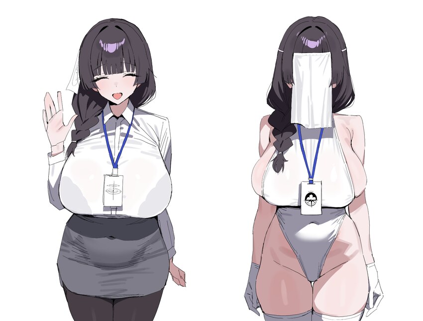 1girl  d absurdres black hair blue archive blunt bangs braid braided ponytail breasts closed eyes commentary request covered face female sensei (blue…