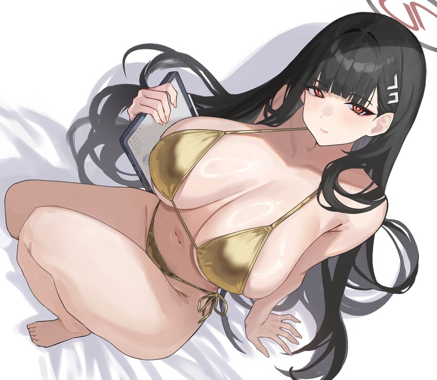 1girl alternate costume armpit crease bare arms bare legs bare shoulders barefoot bed sheet bikini black hair black halo blue archive blunt bangs blu…