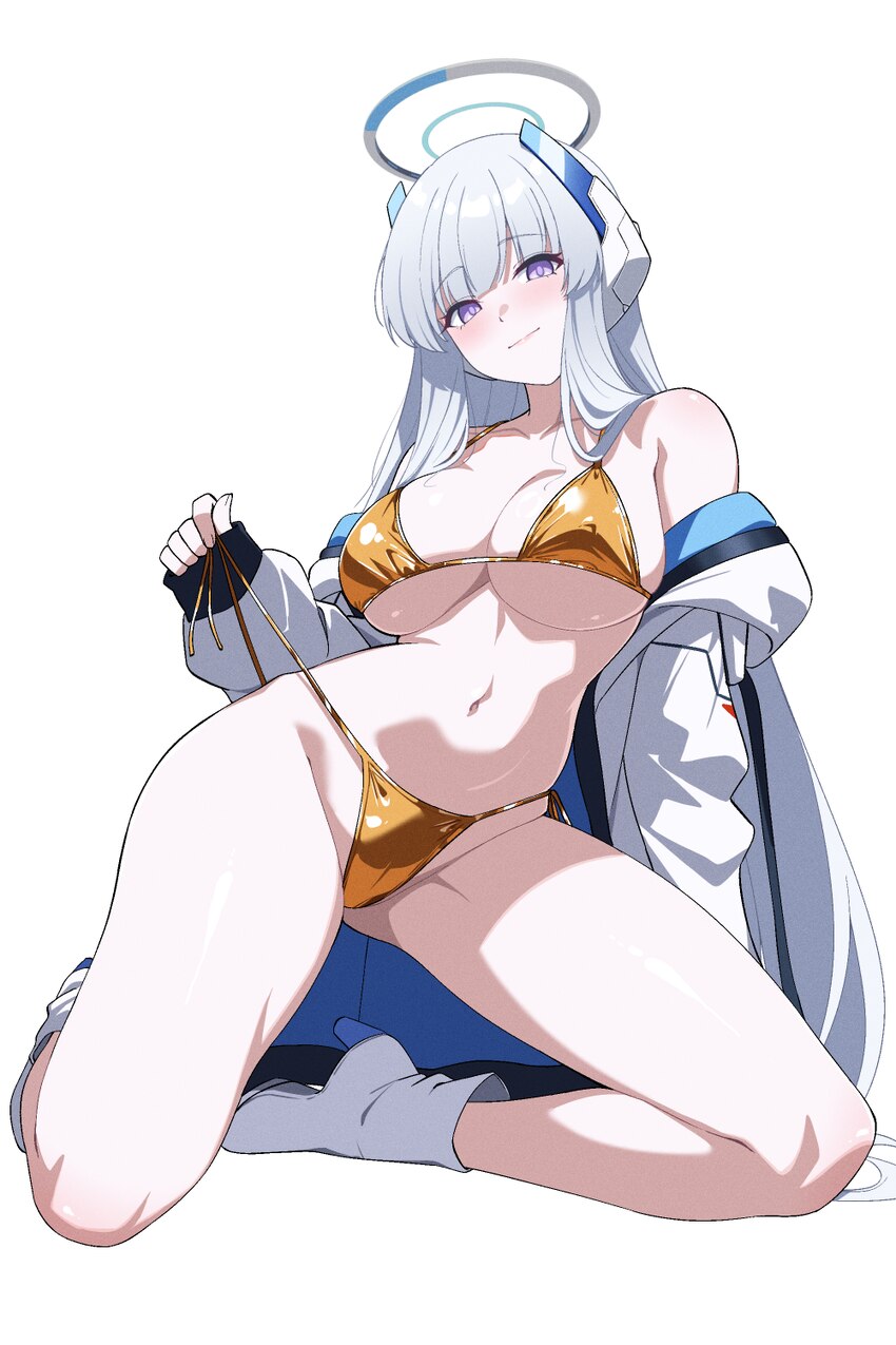 1girl absurdres ankle boots bare shoulders bikini blue archive blush boots breasts cleavage closed mouth commentary full body gold bikini golden week…