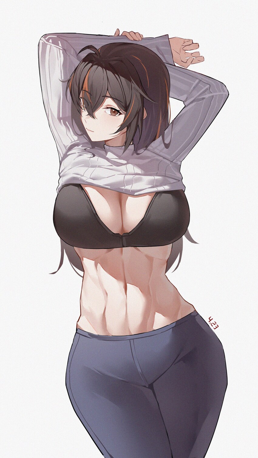 1girl abs absurdres alternate hairstyle arms up black bra black hair bra breasts clothes lift commentary grey pants grey sweater hair down highres la…
