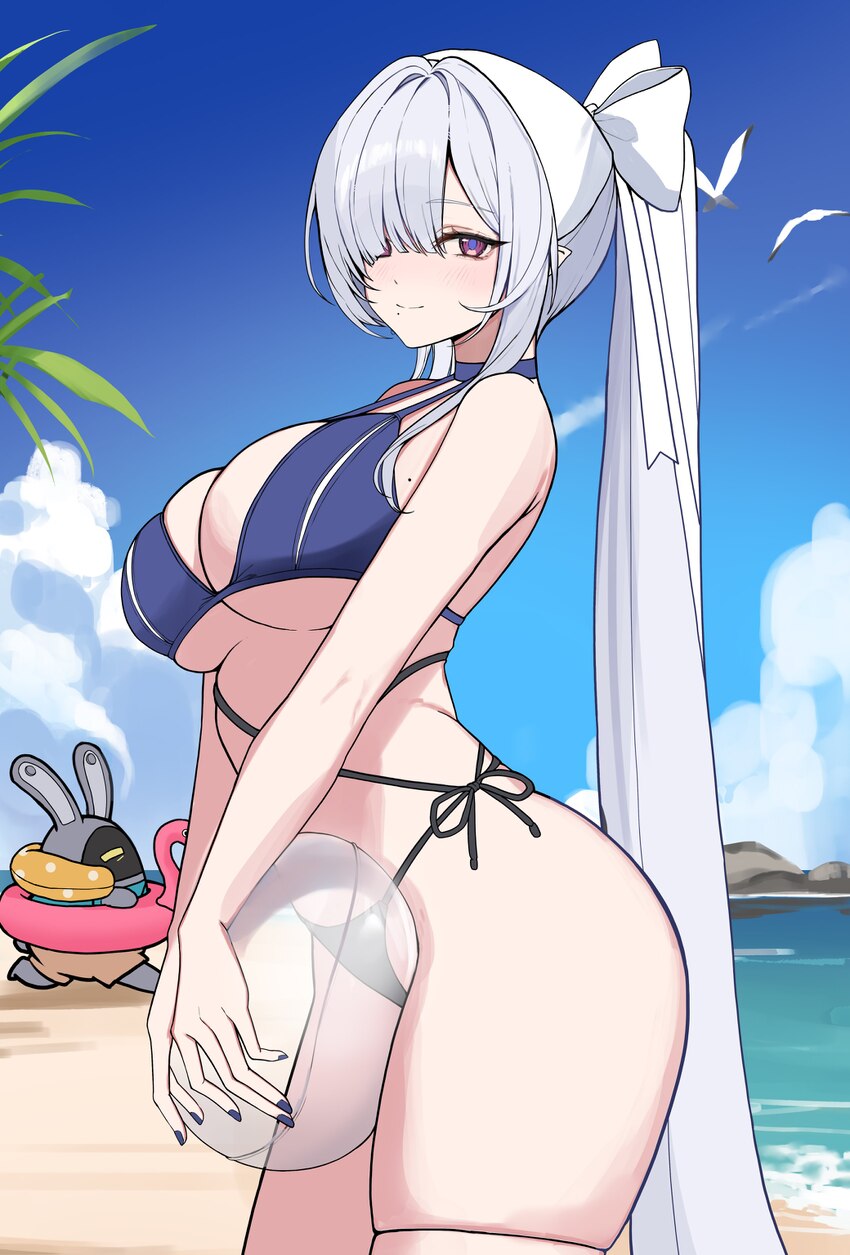 1girl absurdres alternate costume ball bangboo (zenless zone zero) beach bikini blue bikini blue nails blue pupils blue sky breasts commentary reques…