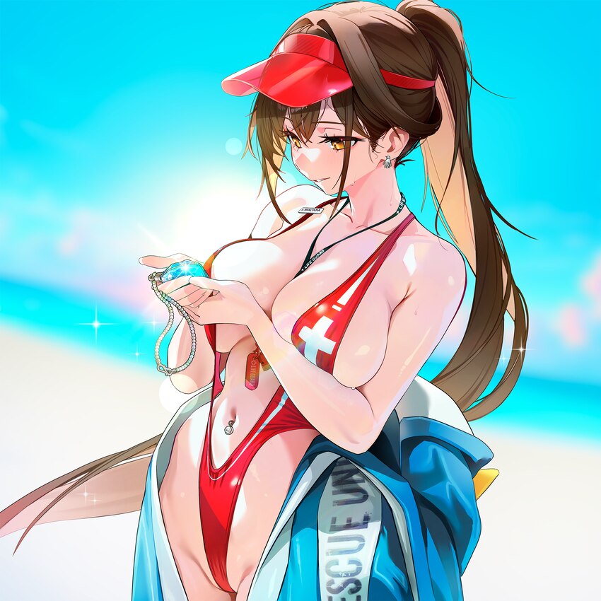 1girl animal costume beach bird costume blue gem blurry blurry background breasts brown hair chela77 cleavage collarbone day full cleavage game asset…