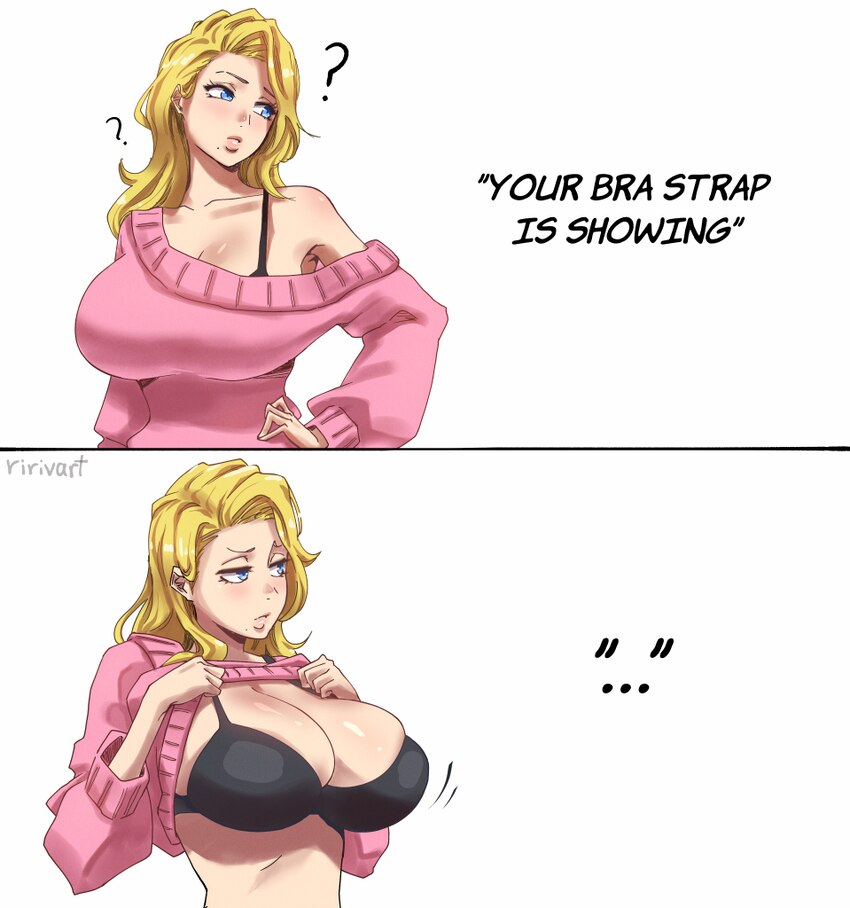 ... 1girl 2koma ? absurdres alternate hairstyle artist name black bra bleach bleach  epilogue blonde hair blue eyes bra breasts clothes lift comic co…