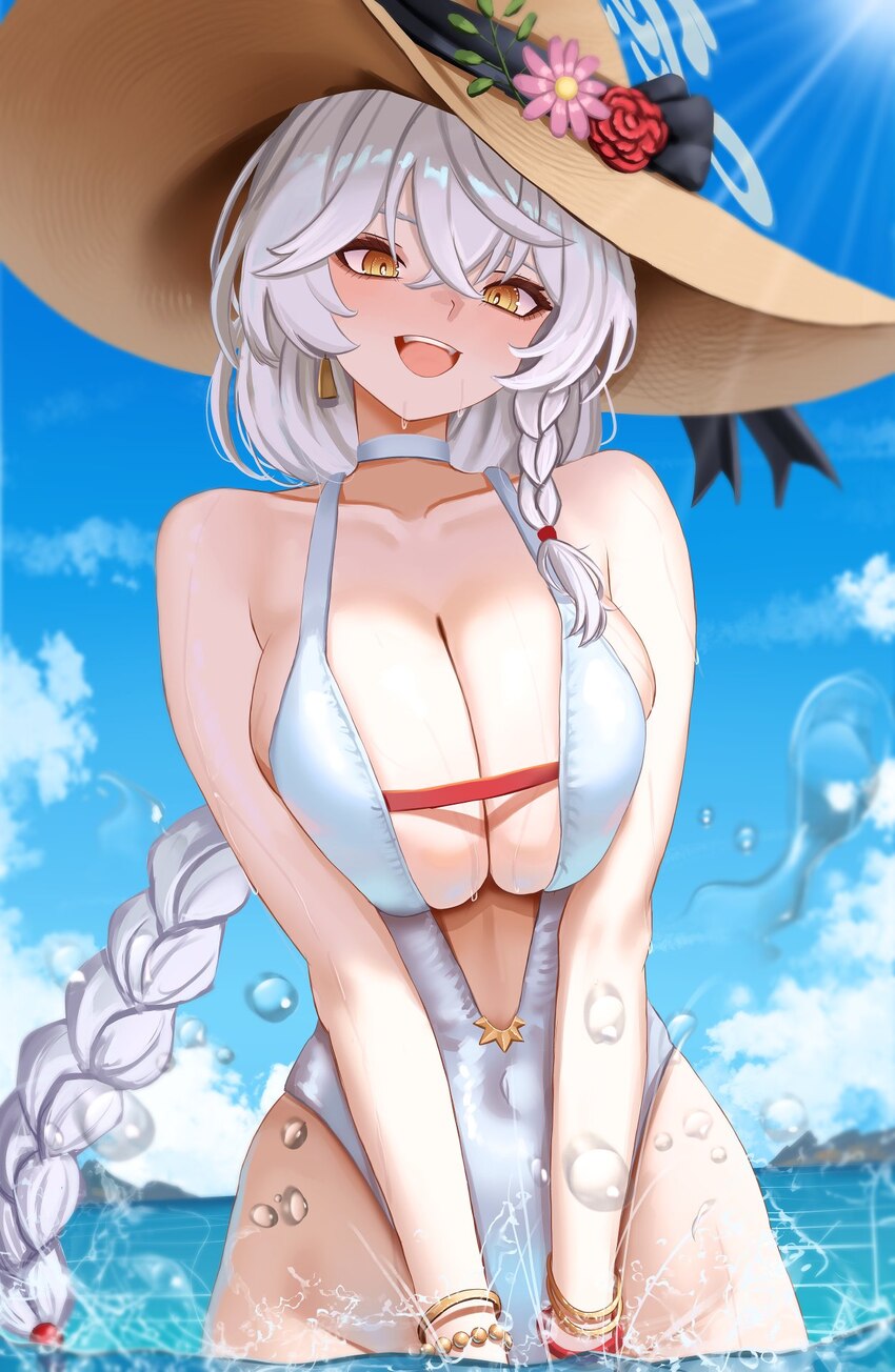 1girl bare arms bare shoulders blue archive bracelet braid breasts brown hat choker cleavage collarbone commentary covered navel day english commenta…