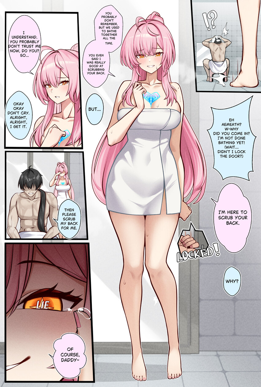 !? 1boy 1girl absurdres adoptive parent and adoptive child aemeath (wuthering waves) ahoge barefoot black hair blush bonz0616 breasts collarbone comm…