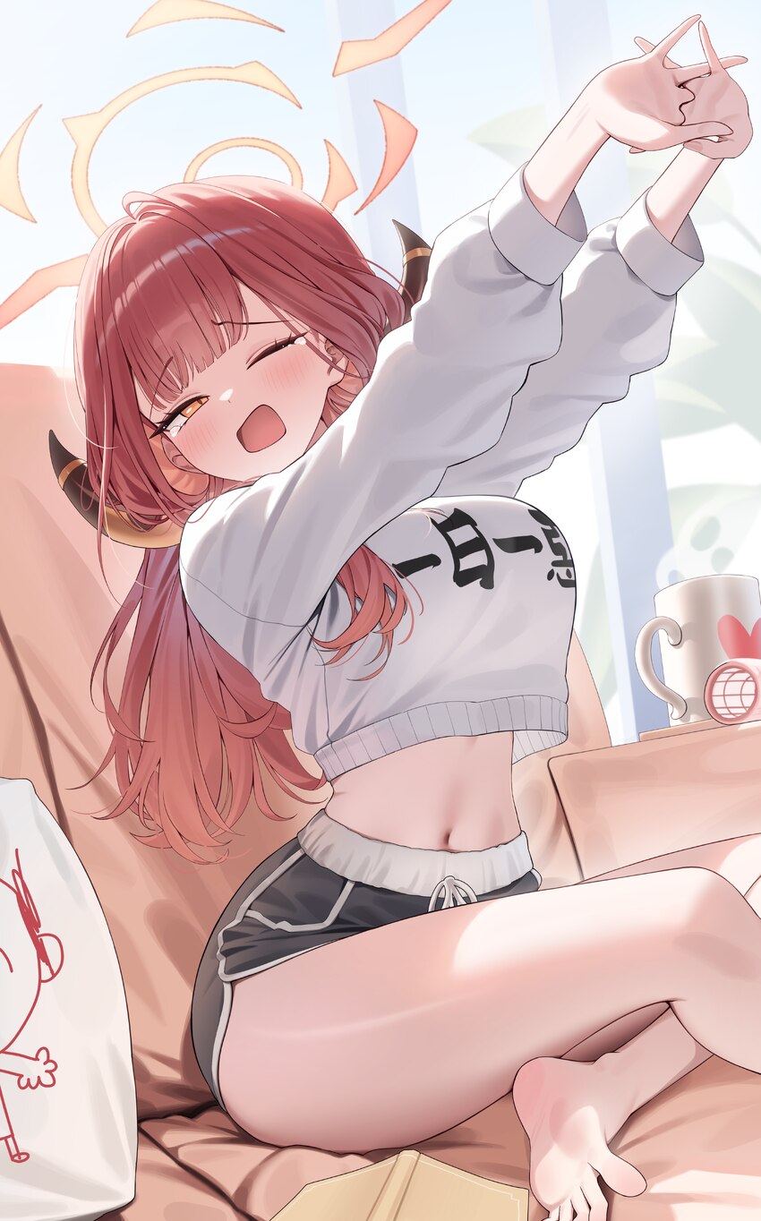 1girl absurdres alternate costume aru (blue archive) barefoot black shorts blue archive blush breasts clothes writing commentary couch crop top cup d…