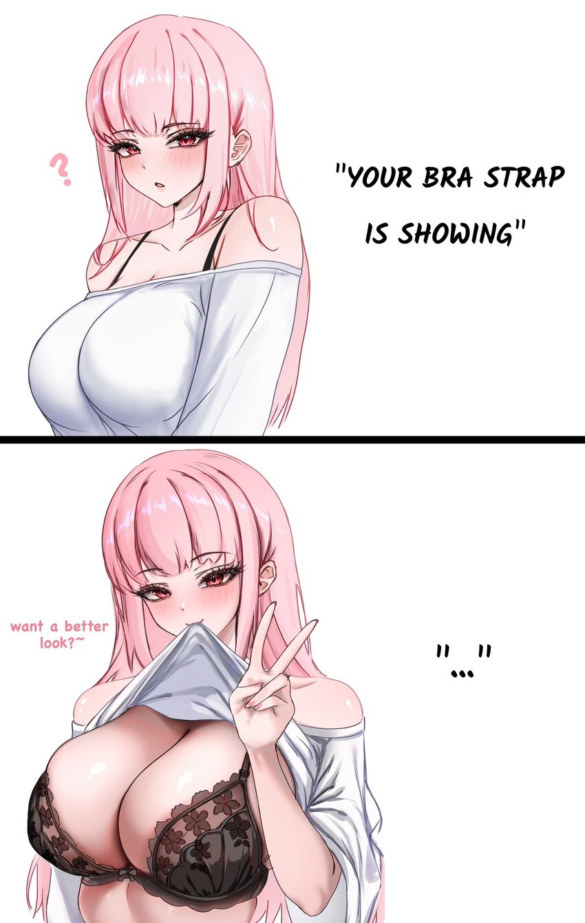 1girl 2koma ? black bra bra breasts clothes lift comic commentary english text highres hololive hololive english lace-trimmed bra lace trim large bre…