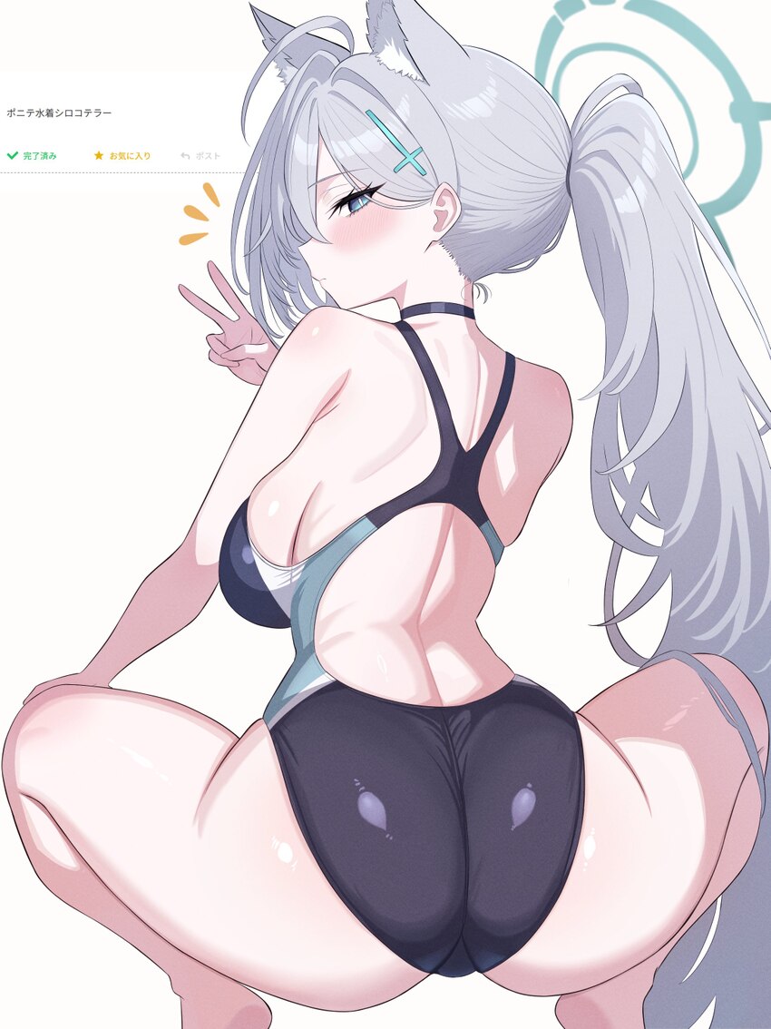 1girl absurdres animal ear fluff animal ears ass ass focus back black choker black one-piece swimsuit blue archive blue eyes breasts choker commentar…