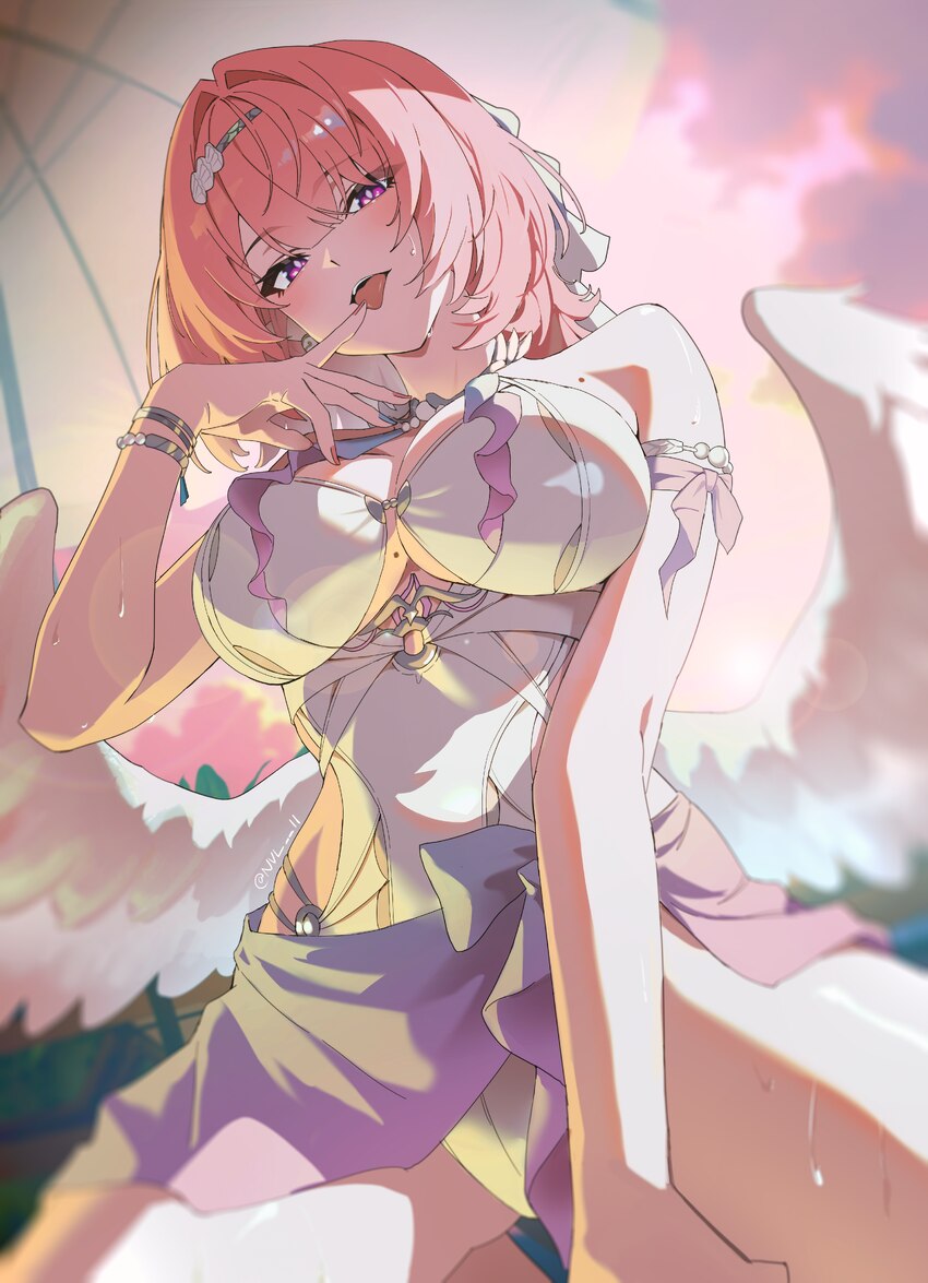 1girl absurdres bare shoulders blurry blurry background breasts commentary finger to mouth hair intakes hair ornament hand up highres large breasts l…