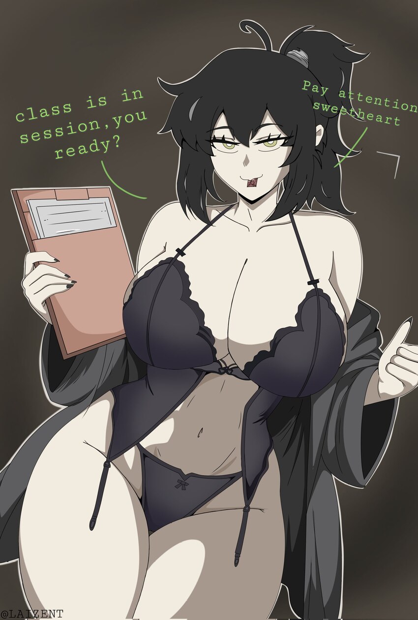 1girl alternate breast size (larger) black hair breasts commentary condom condom in mouth condom wrapper english commentary english text folder green…