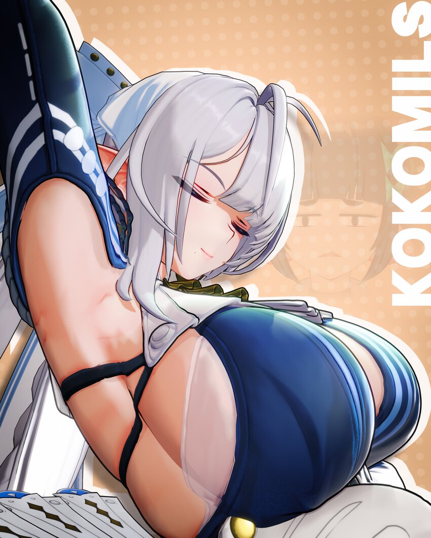 2girls 3d absurdres antenna hair armpits arms behind head arms up artist name ascot blue dress breasts closed eyes closed mouth commentary dress engl…