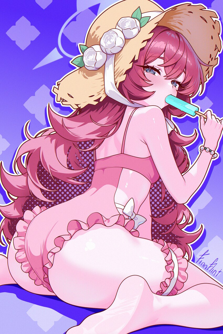 1girl absurdres artist name ass blue archive blue halo blush clothing cutout commentary feet finn flint flower fluffy hair food food in mouth frilled…