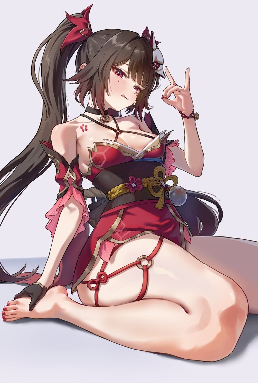1girl armpit crease bare shoulders barefoot bell black choker black gloves breasts brown hair choker circle facial mark cleavage collarbone commentar…