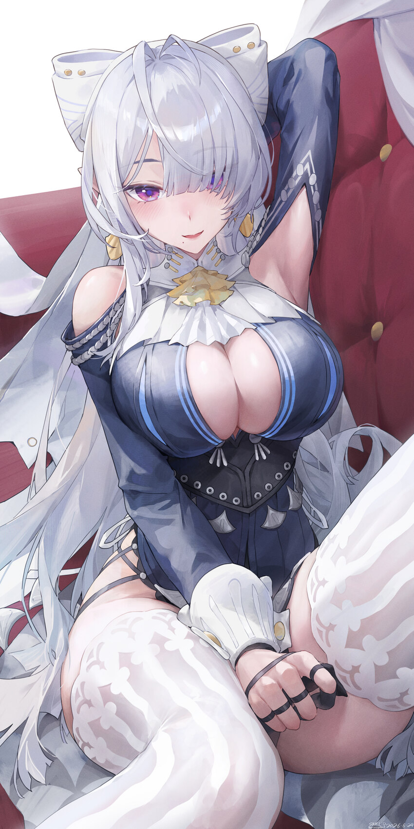 1girl absurdres arm up armpits ascot blue dress blue sleeves breasts chinese commentary cleavage commentary request couch dress grey hair hair over o…