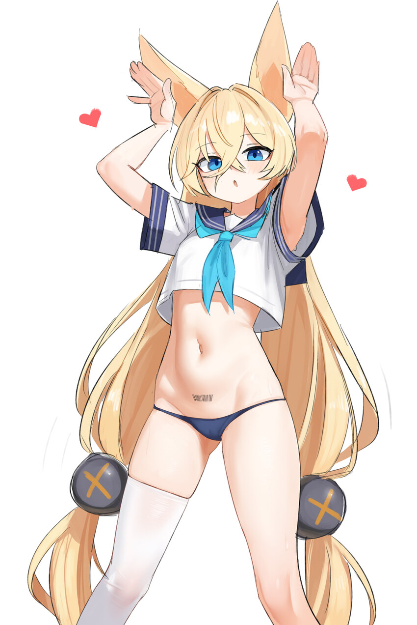 1girl absurdly long hair absurdres animal ears armpit peek arms up barcode barcode tattoo bikini black bikini blonde hair blue eyes blue neckerchief …