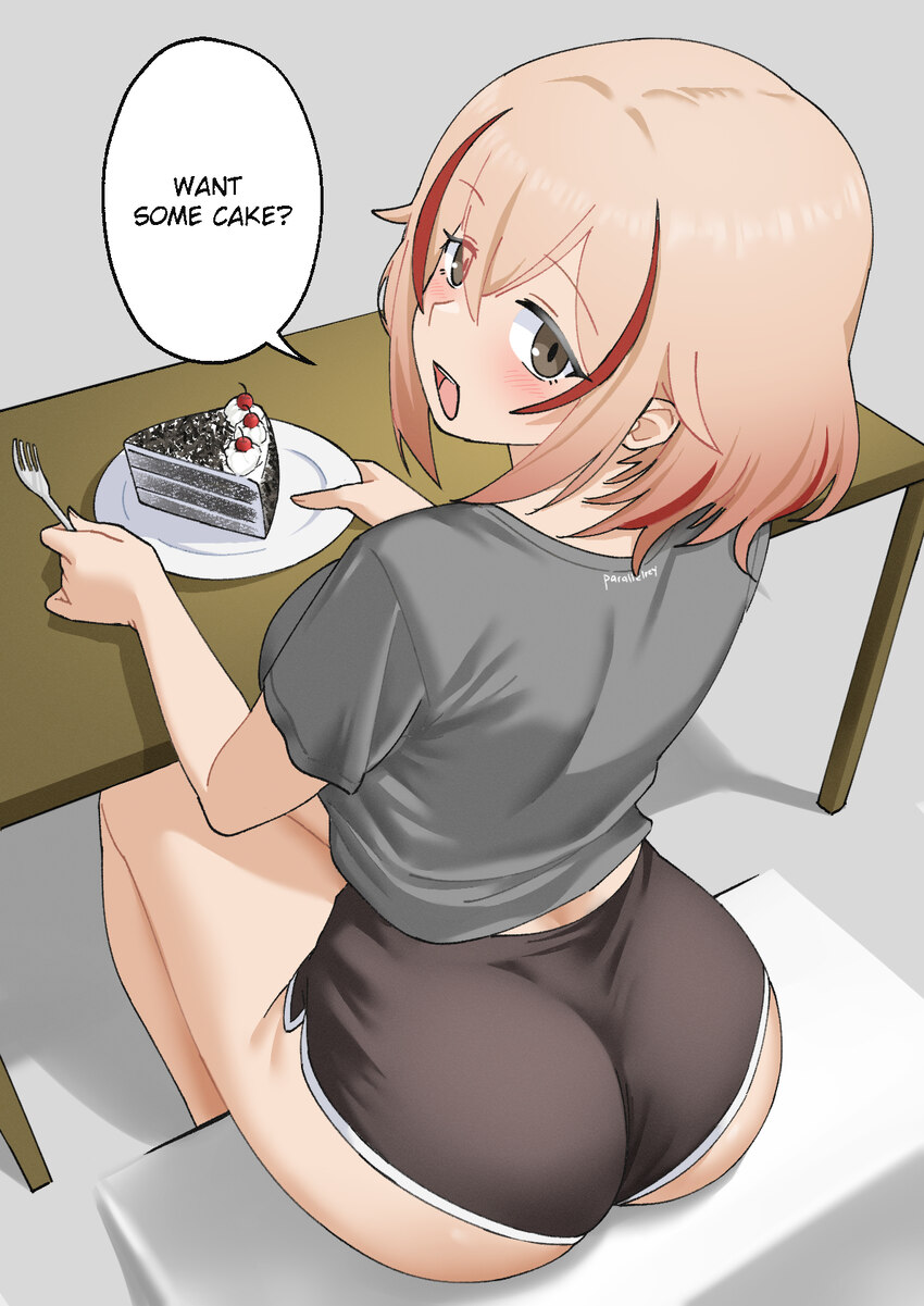 1girl  d ass ass focus azur lane bare legs birthday breasts brown eyes cake cake slice dolphin shorts english text food fork from above from behind g…
