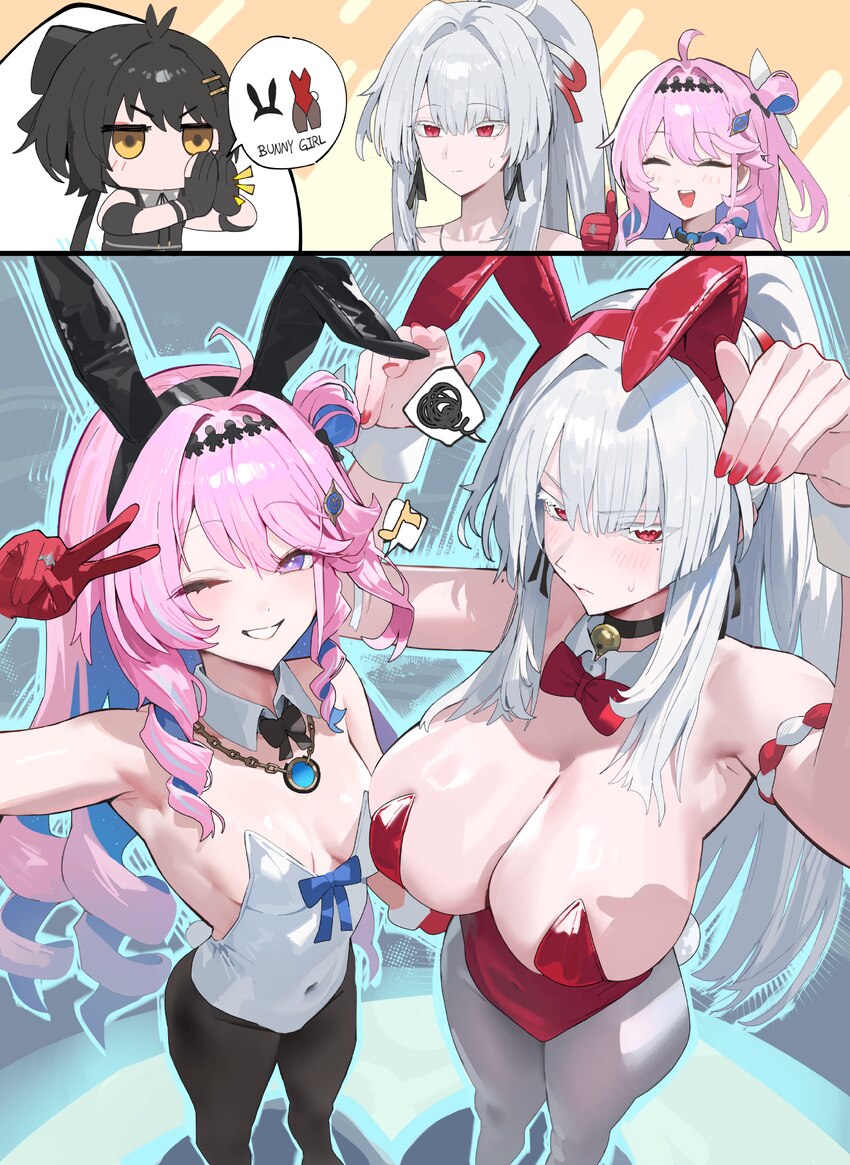 3girls absurdres ahoge alternate costume animal ear hairband animal ears arms up bare shoulders black hair black hairband black pantyhose blue hair b…