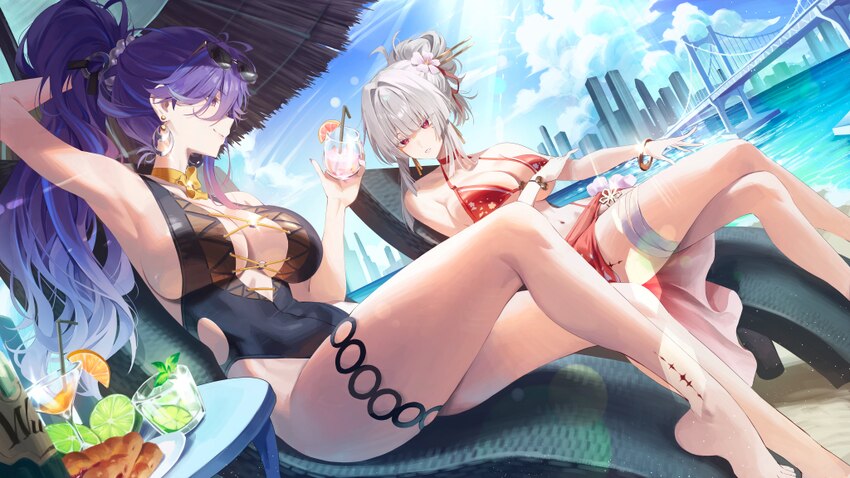 2girls absurdres alternate costume arm up armpits bikini black one-piece swimsuit blue sky breasts center opening closed mouth commentary request cro…