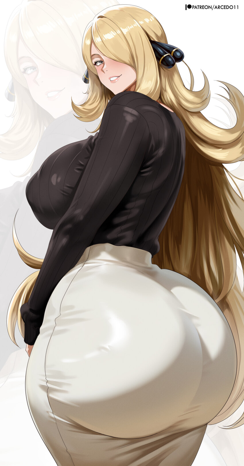 1girl absurdres alternate breast size (larger) arcedo ass bilingual commentary black shirt blonde hair blush breasts commentary cowboy shot curvy cyn…