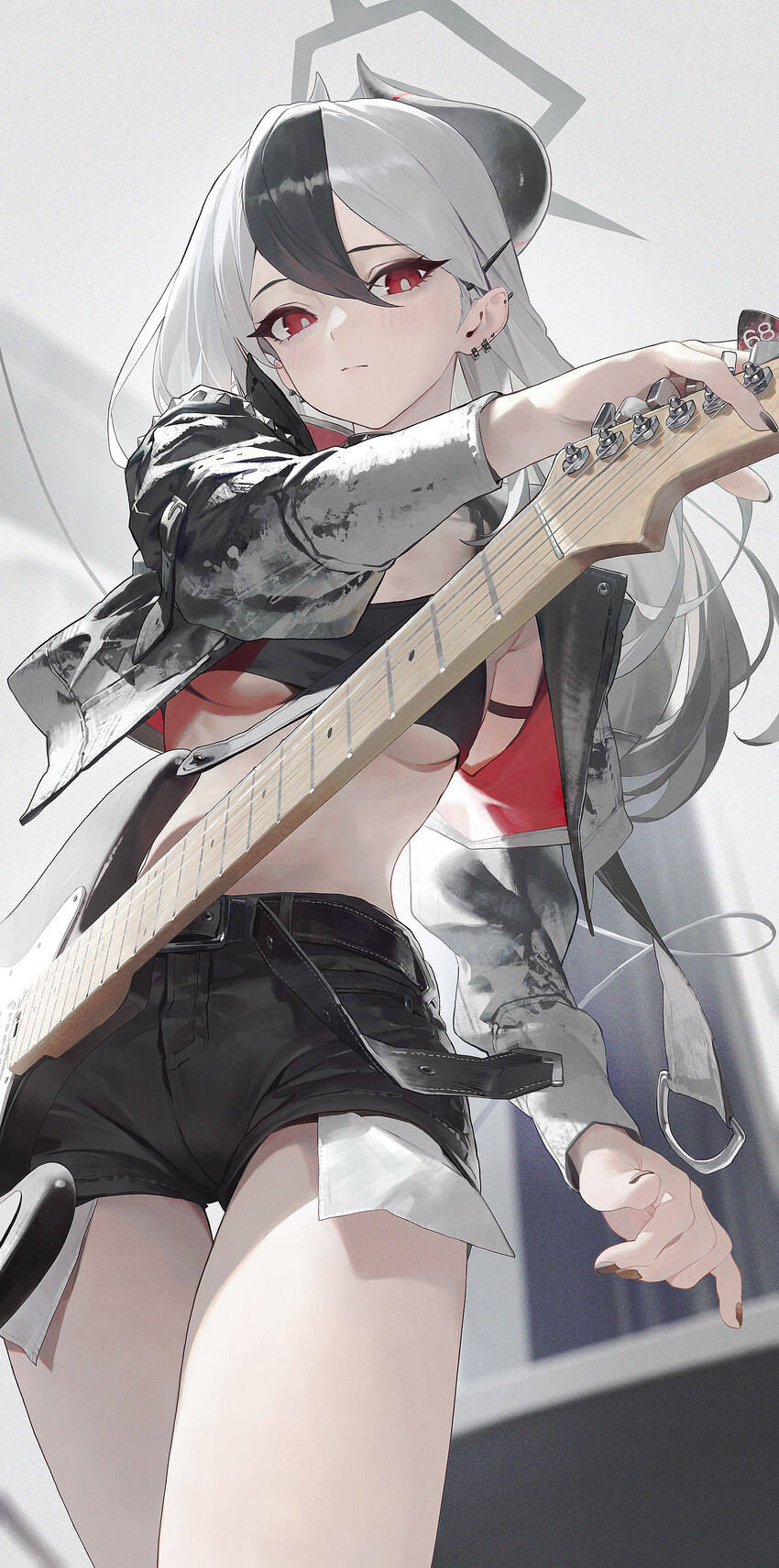1girl absurdres alternate costume belt black hair black horns black jacket black shorts blue archive breasts bright pupils closed mouth commentary co…