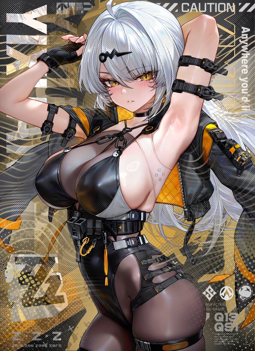 1girl absurdres alternate costume arm belt armpit focus armpits black bodystocking black gloves black jacket black leotard breasts commentary cowboy …