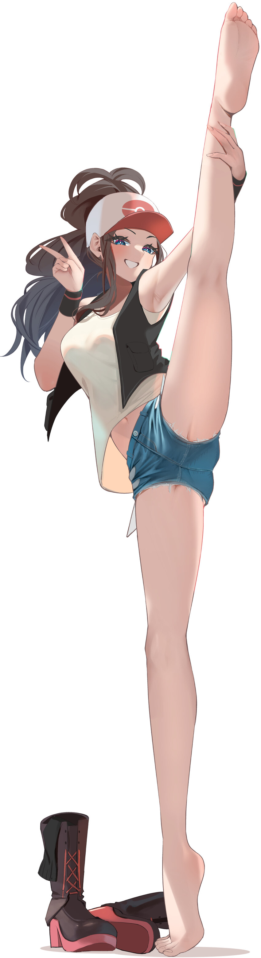 1girl absurdres barefoot baseball cap black vest blue eyes blue shorts breasts brown hair commentary request denim denim shorts grin groin tendon hat…